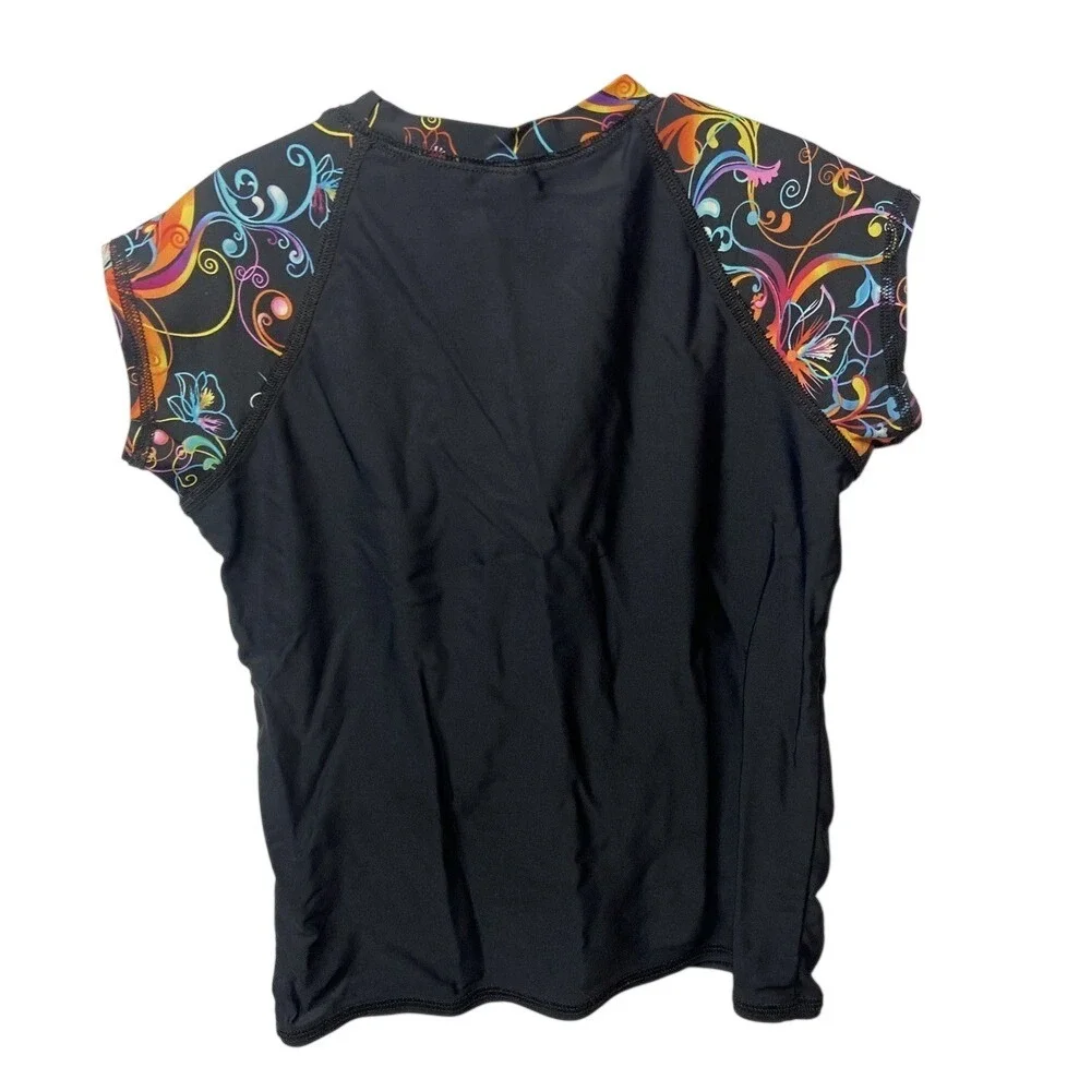 Ron Jon Surf Shop Girls Rash Guard‎ Black Floral Cap Sleeve Swim Top Size 8